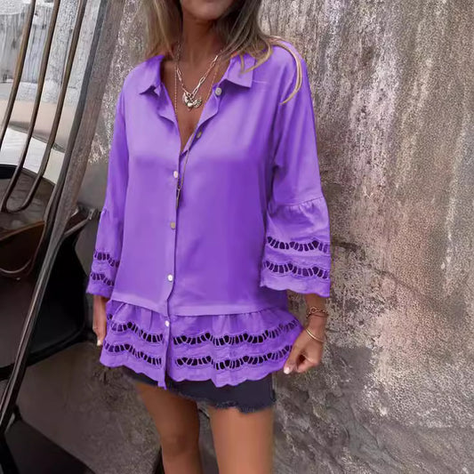 Lapel Long Sleeve Lace Ruffles Lotus Leaf Loose Shirt