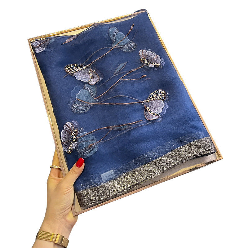 Chinese Style Pearl Flower Scarf Women's Embroidered Silk Scarf Warm Shawl
