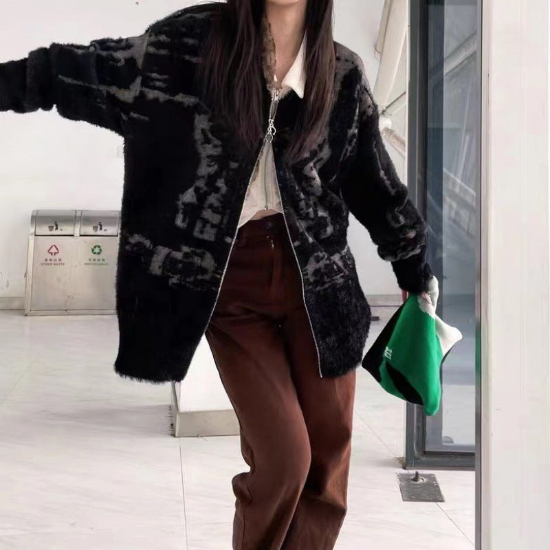 Retro Black V-neck Sweater Coat Female Loose Knitted Cardigan