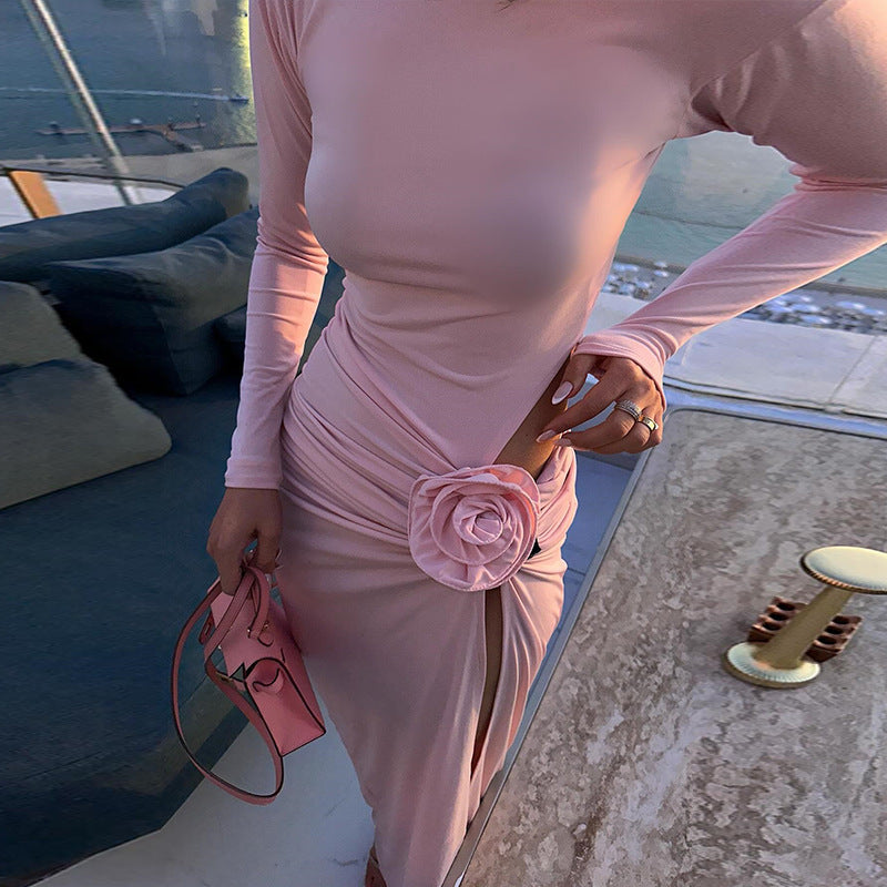 Solid Color Dress Half Collar Long Sleeve Sexy Slit Floral Dress