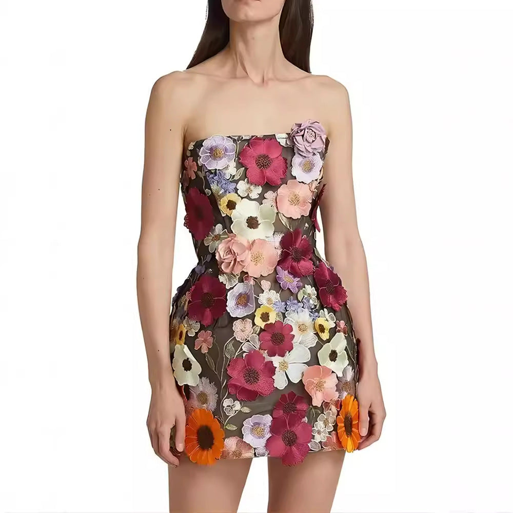 Embroidery Stitching Flowers Tube Top Package Hip Dress