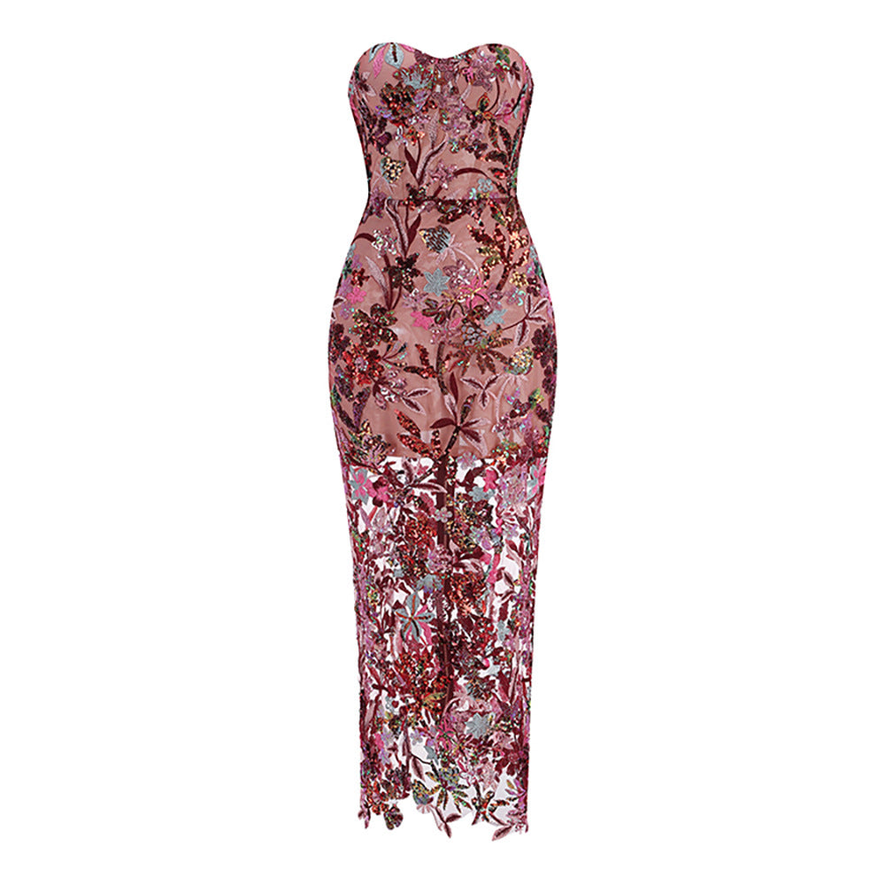 Evening Off-shoulder Sequined Embroidery Heavy Industry Dress