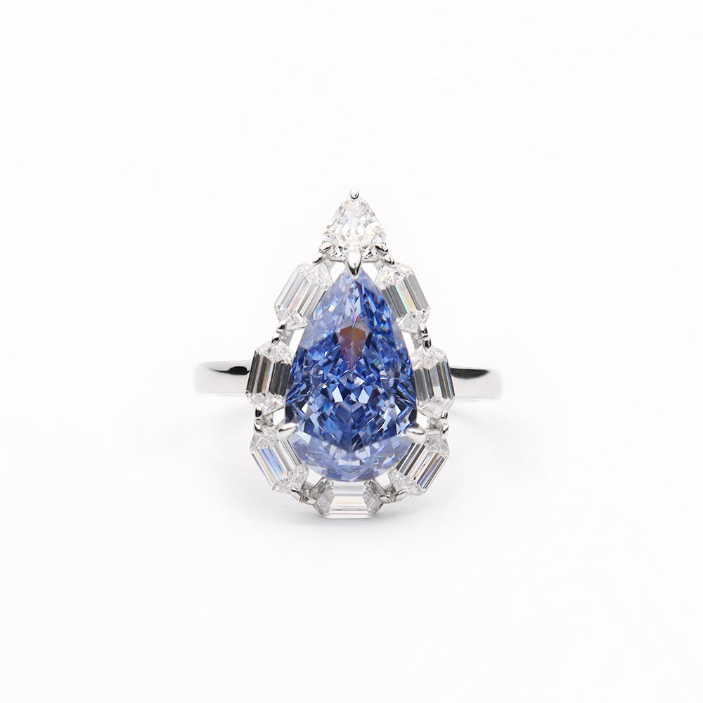 Water Drop Ice Flower Cut Synthetic Blue Diamond 925 Silver Bright Blue High Carbon Diamond Pear-shaped Female Ring