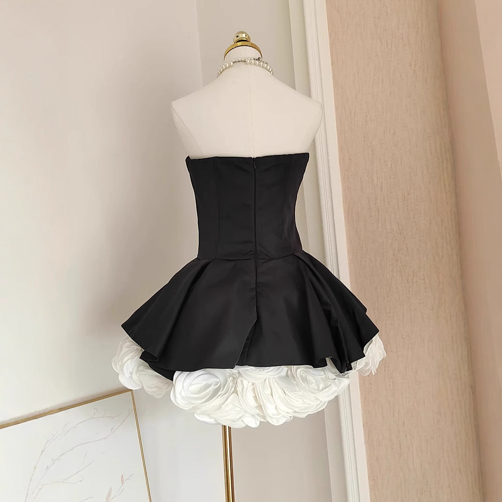 French Hepburn Style Black And White Contrast Color Three-dimensional Flower Waist-controlled Slim Fit Slimming Pettiskirt