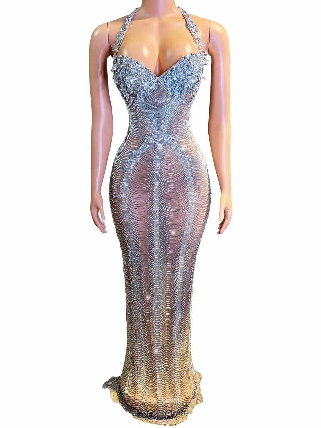 Sleeveless V Spaghetti Straps Slimming Over Drill Chain Sheath