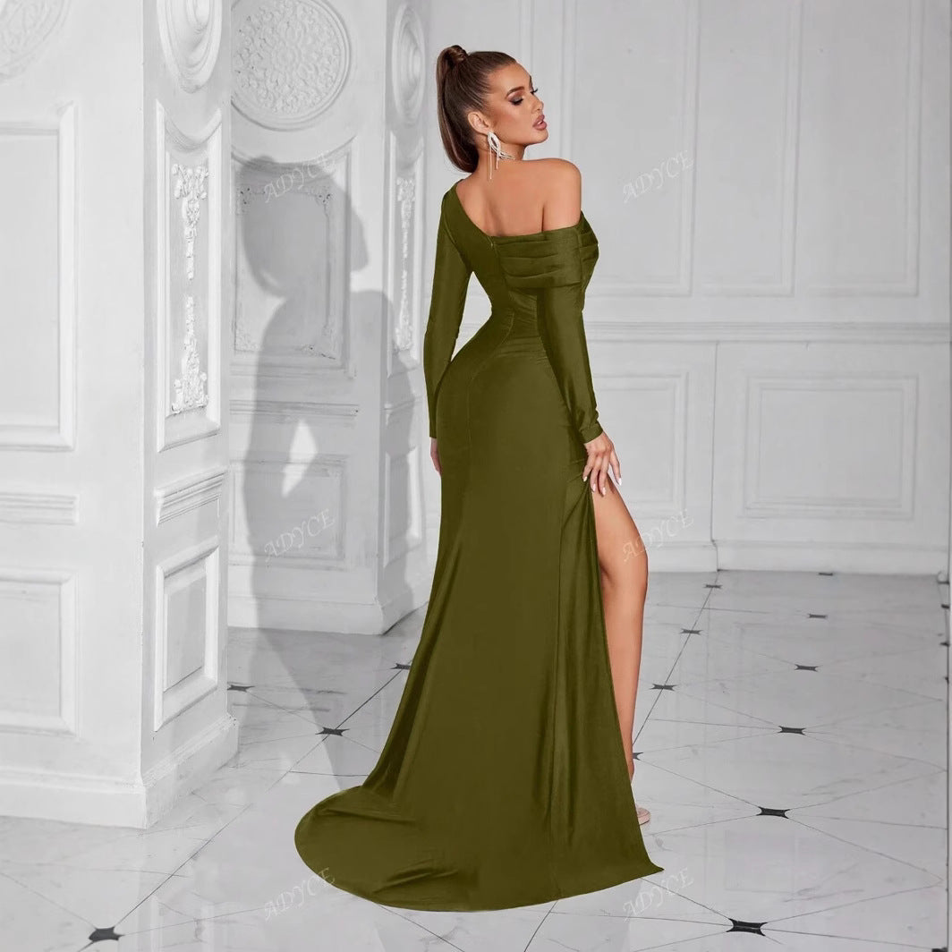 Fashion Diagonal Collar Irregular Long Sleeve Slim Fit Dress