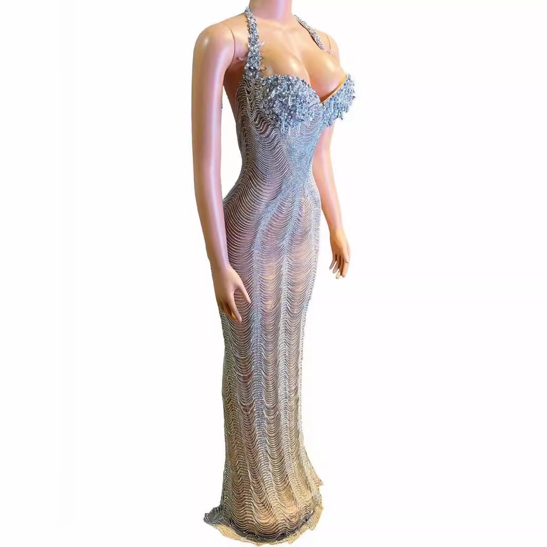 Sleeveless V Spaghetti Straps Slimming Over Drill Chain Sheath