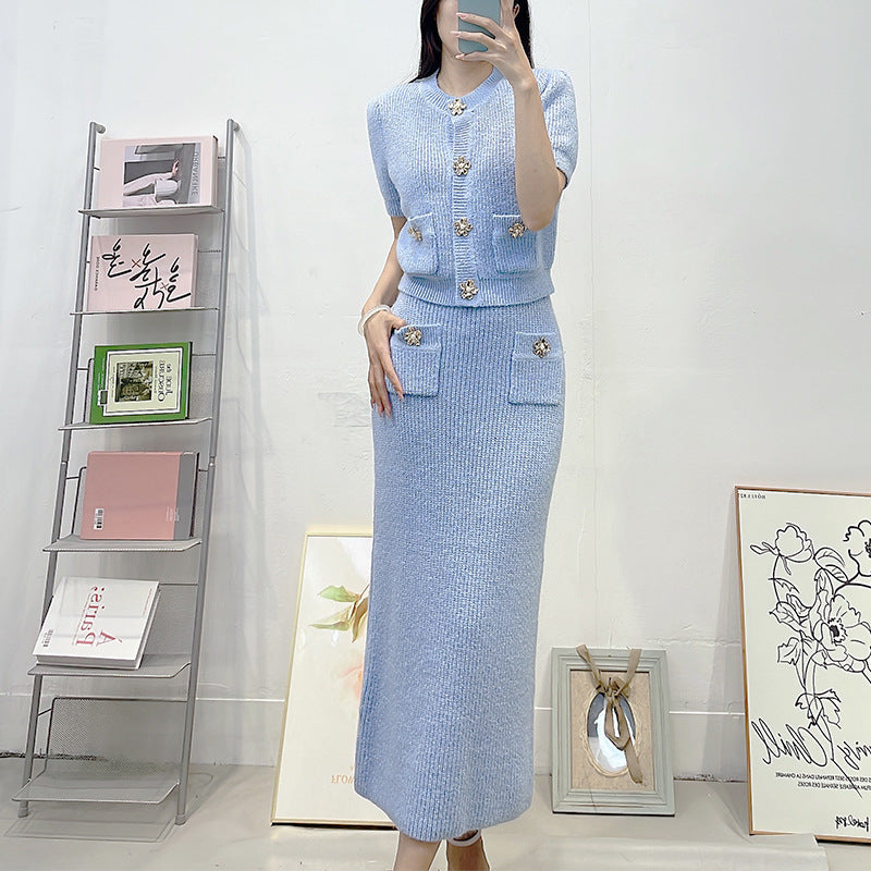 Round Neck Slim-fit Knitted Short Sleeve Cardigan Top Hip Skirt Fashion Suit Women