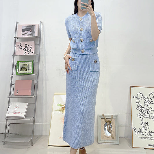 Round Neck Slim-fit Knitted Short Sleeve Cardigan Top Hip Skirt Fashion Suit Women