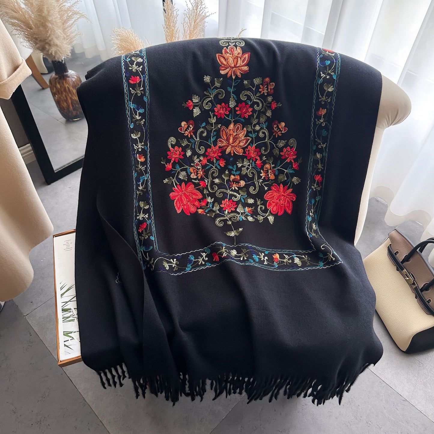 Red Gold Silk Embroidered Scarf For Women Winter All-matching Wool Extra Thick
