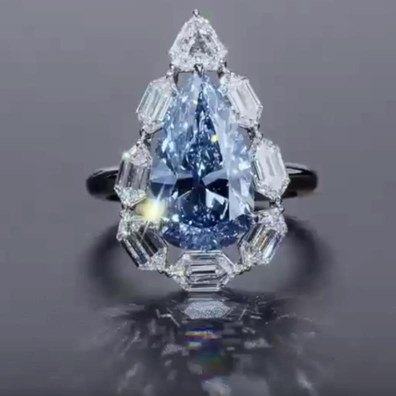 Water Drop Ice Flower Cut Synthetic Blue Diamond 925 Silver Bright Blue High Carbon Diamond Pear-shaped Female Ring