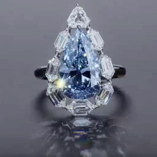 Water Drop Ice Flower Cut Synthetic Blue Diamond 925 Silver Bright Blue High Carbon Diamond Pear-shaped Female Ring