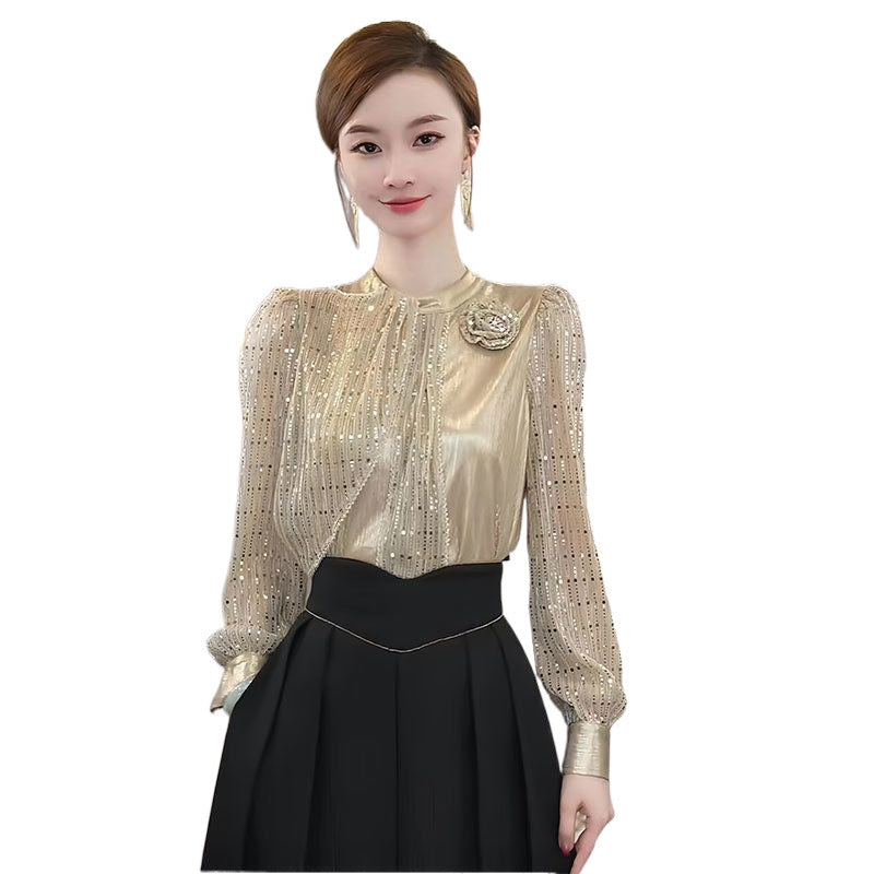 Early Autumn Top New Design Sense Anti-aging Fashion Elegant Champagne White Long Sleeve Shirt