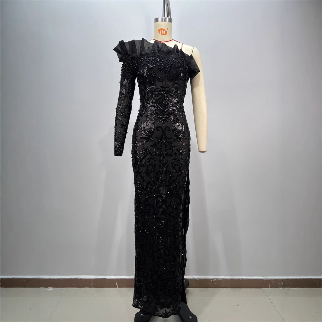 Sexy Sequins Embroidery One Shoulder High Slit Black Dress