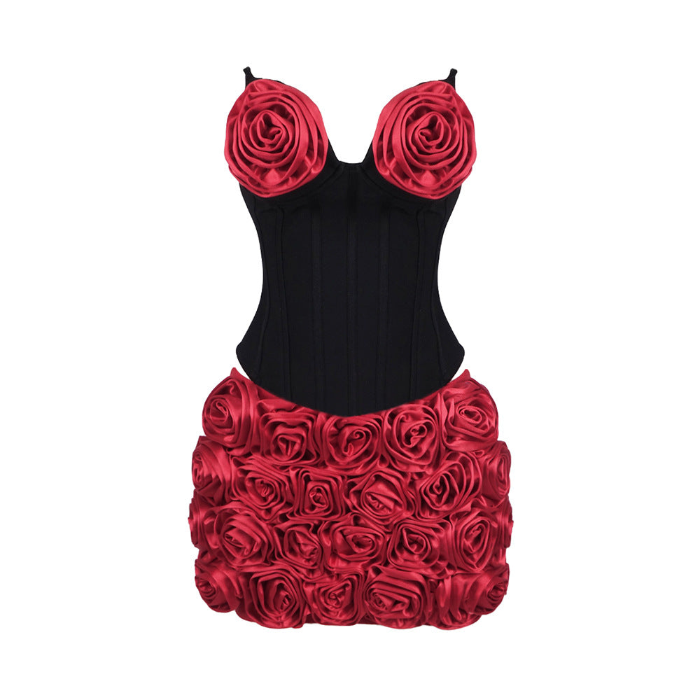 Tube Top Flower Three-dimensional Decoration Top Hip Skirt Dress Two-piece Set