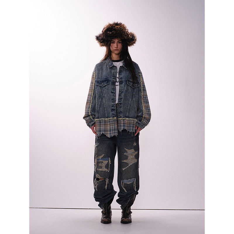 Retro Irregular Patchwork Stripes Raw Edge Denim Jacket