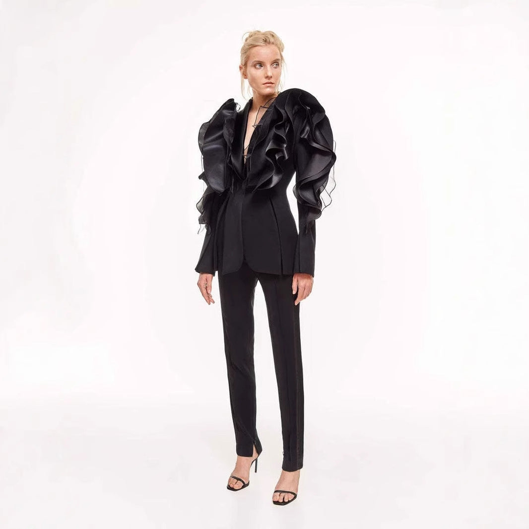 Black Three-dimensional Patchwork Ruffled Suit Asymmetric Slim Fit Slimming