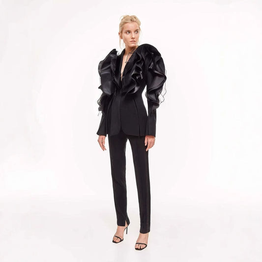 Black Three-dimensional Patchwork Ruffled Suit Asymmetric Slim Fit Slimming