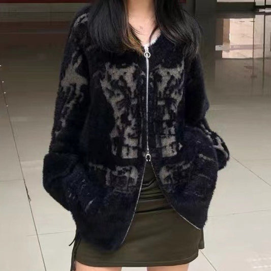 Retro Black V-neck Sweater Coat Female Loose Knitted Cardigan