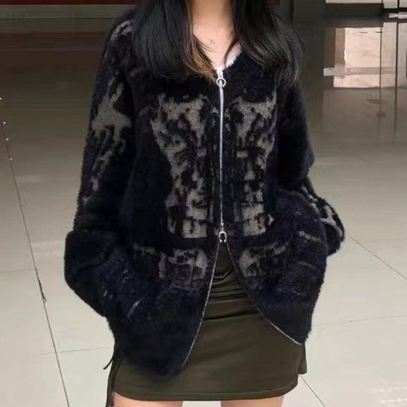 Retro Black V-neck Sweater Coat Female Loose Knitted Cardigan
