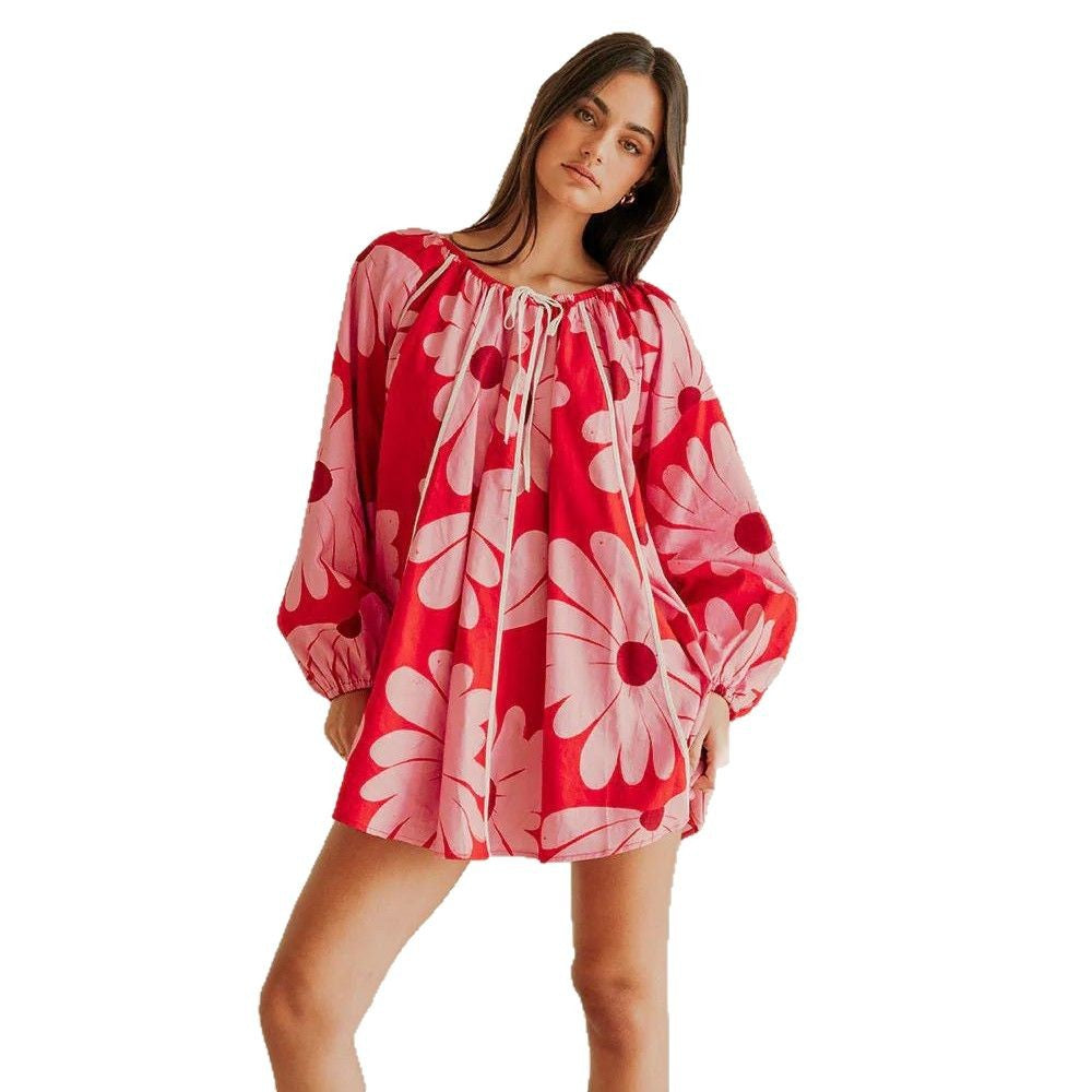 European And American Printed Lantern Sleeve A- Line Collar Lace-up Top