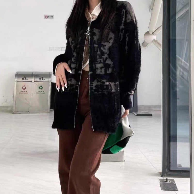 Retro Black V-neck Sweater Coat Female Loose Knitted Cardigan