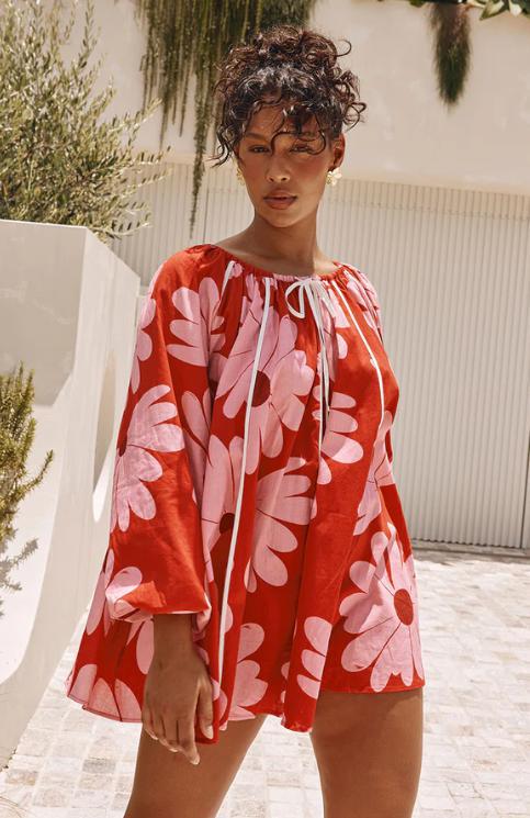 European And American Printed Lantern Sleeve A- Line Collar Lace-up Top