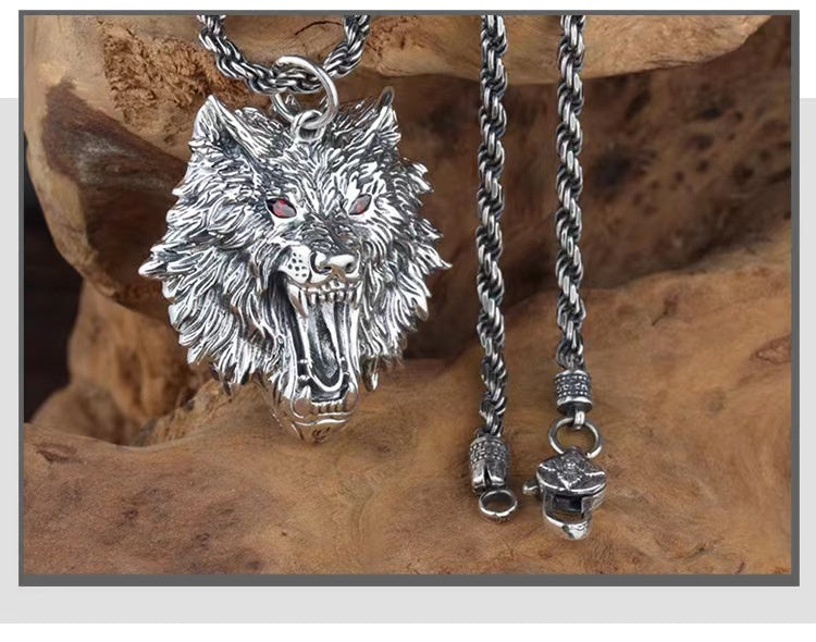 Vintage Sterling Silver Men's Wolf Head Necklace