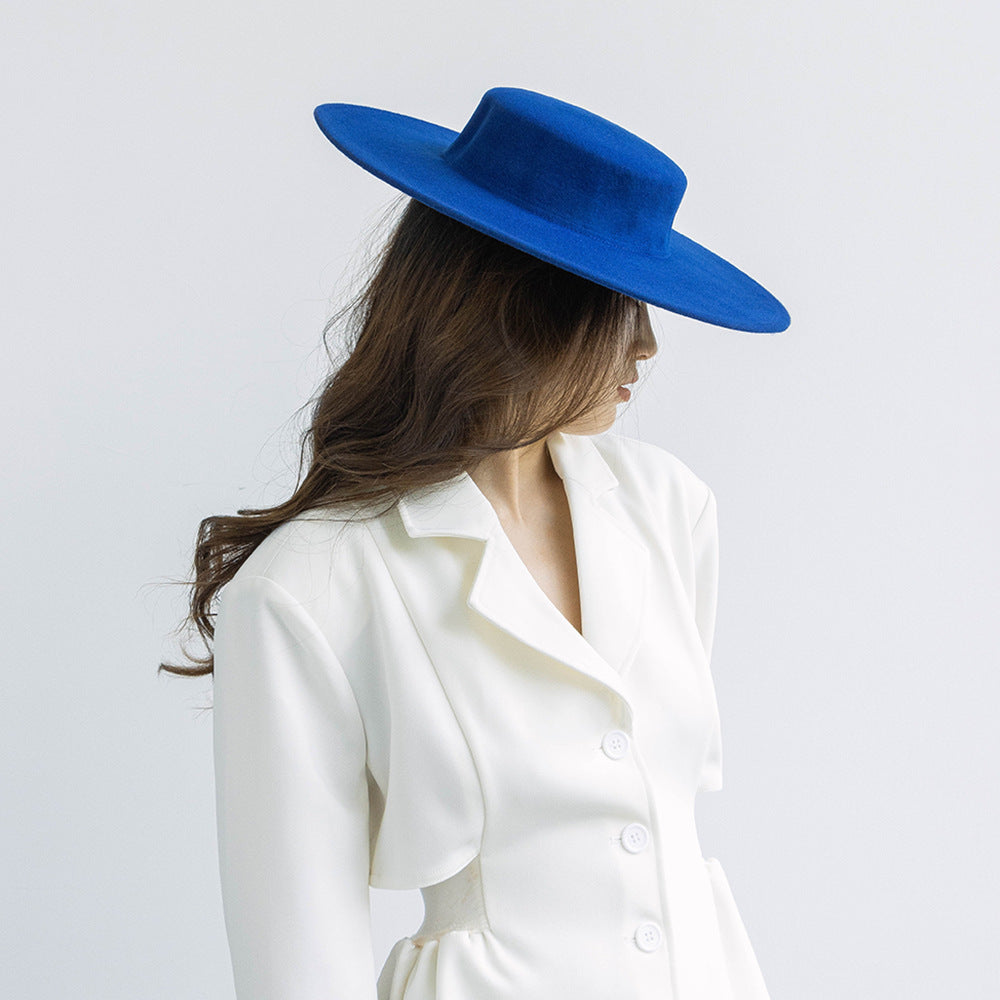Retro Light Flat Top Big Brim Woolen Bowler Hat