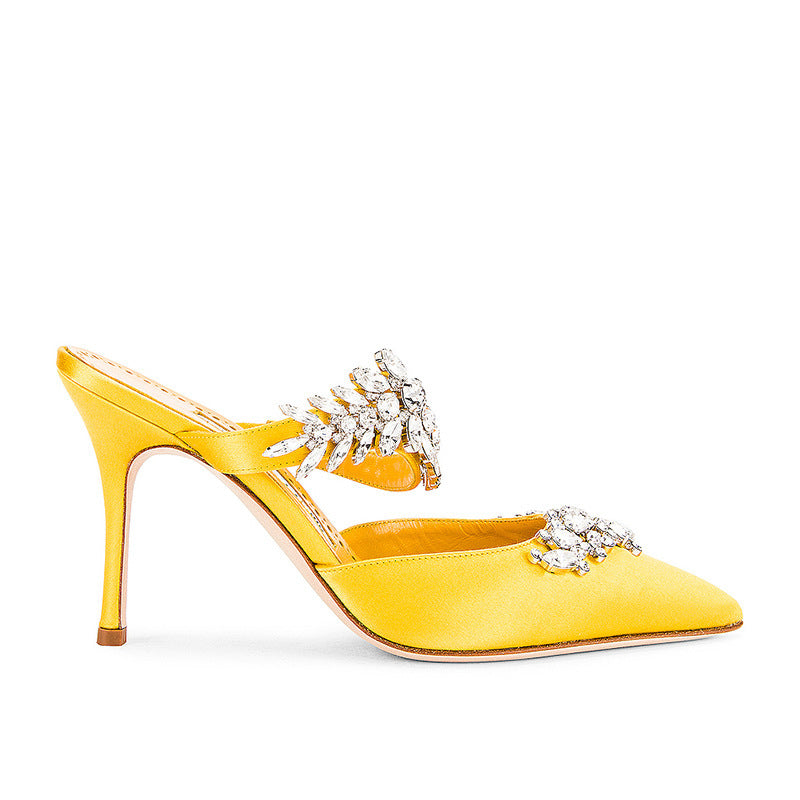 French Pointed Stiletto Rhinestone Semi-slip Heels