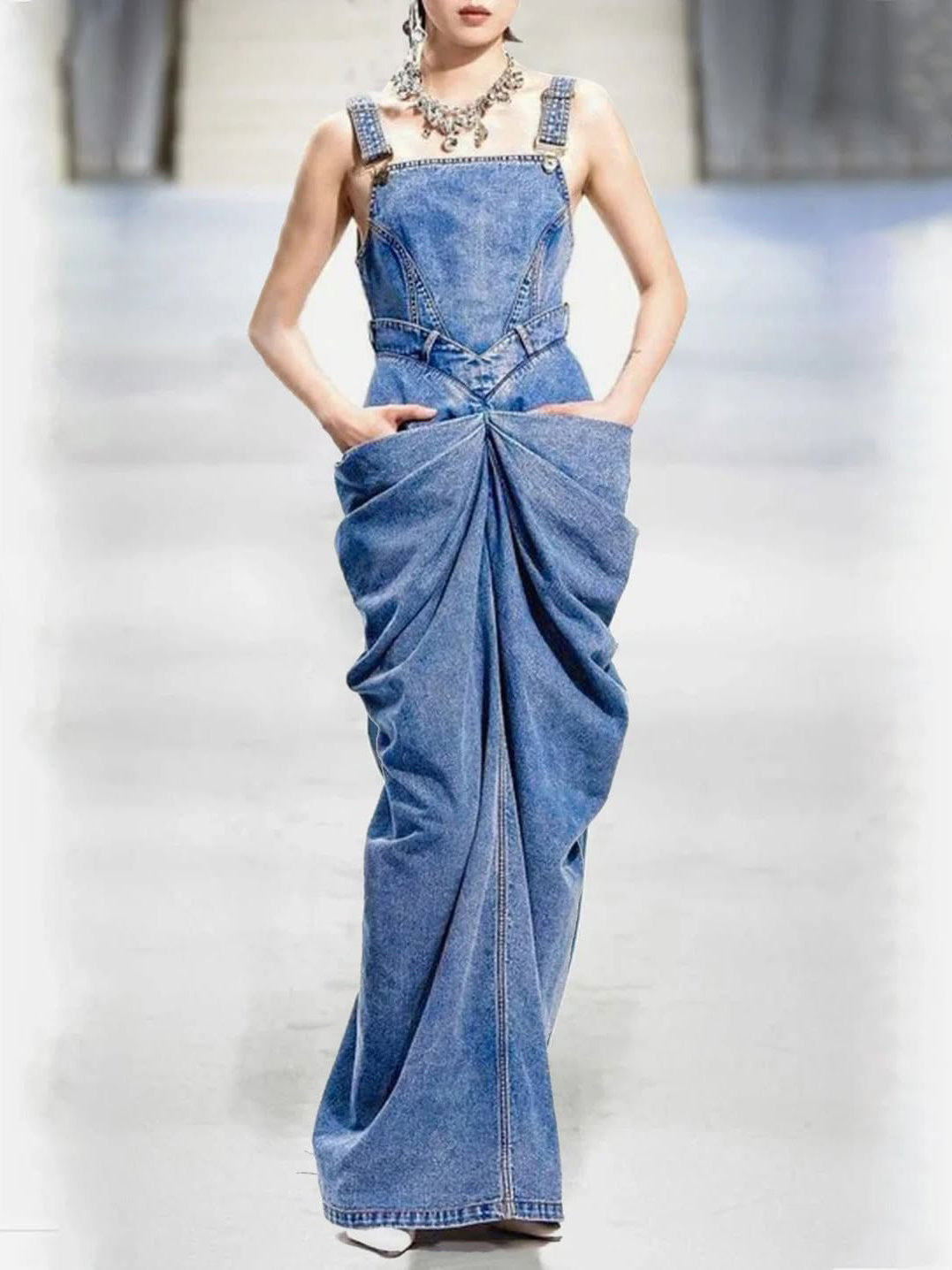Denim Suspender Pleated Dress