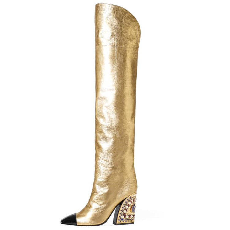 Women's Fashion Mirror Colorblock High Heel Over Knee Boots