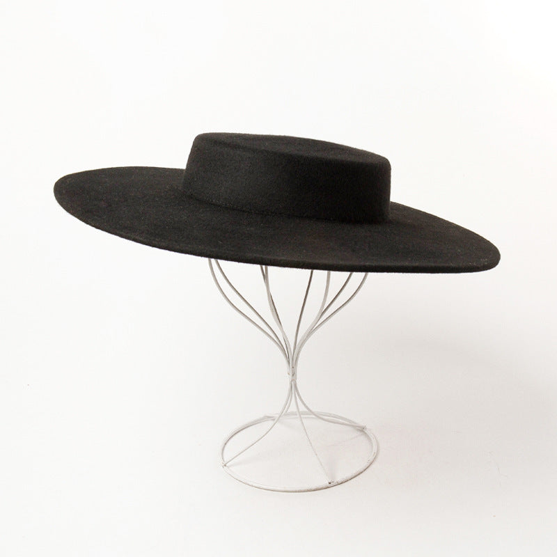 Retro Light Flat Top Big Brim Woolen Bowler Hat