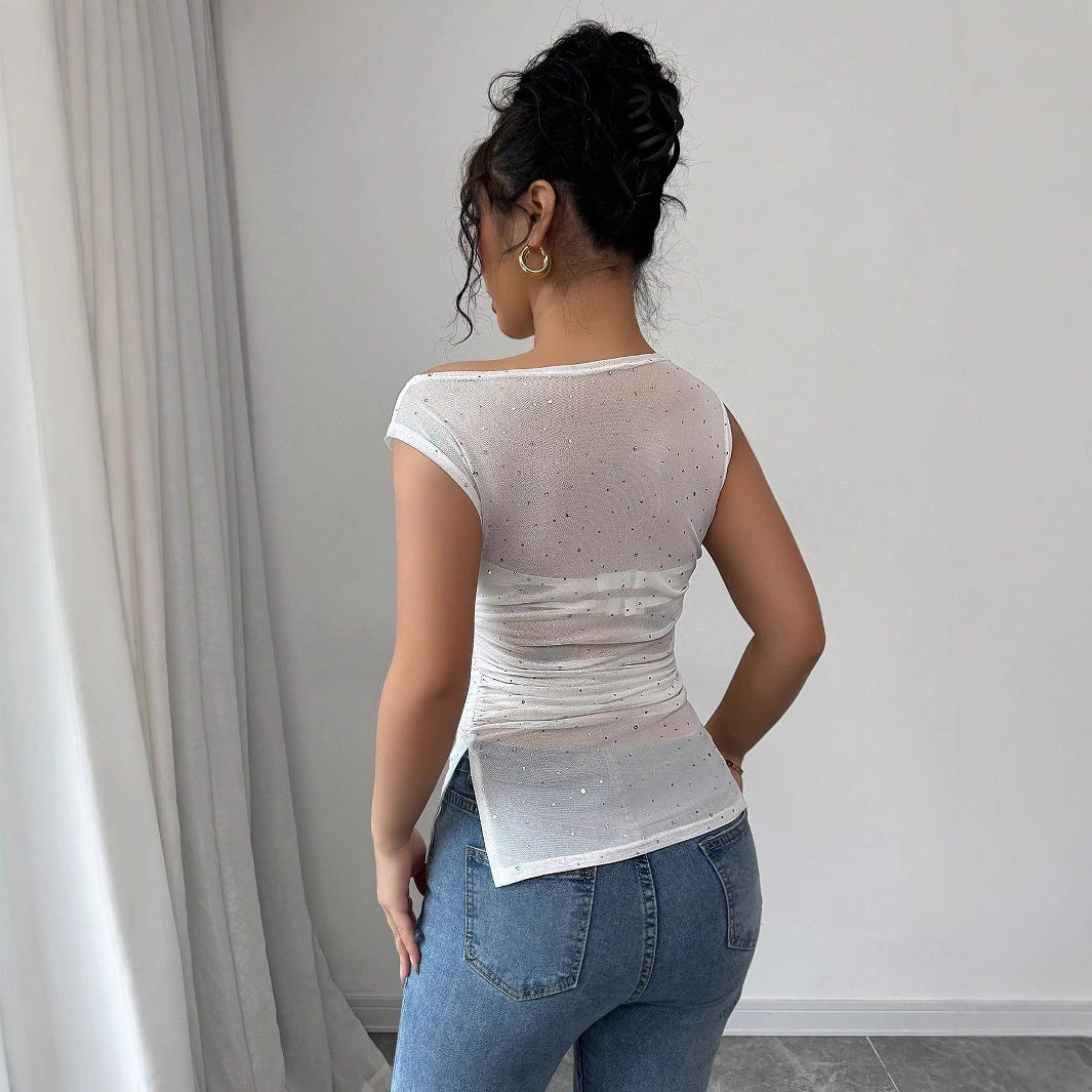 European And American Ladies Sequined Decorative Pleated Diagonal Collar Pleated Hem T-shirt For Women