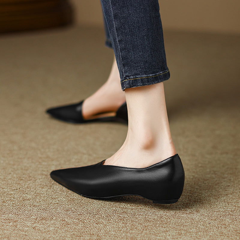 Women's Genuine Leather French Retro Pumps With Low Heels