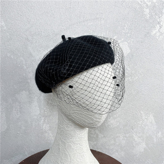 Vintage French Mesh Veil Pom Pom Versatile Wool Beret