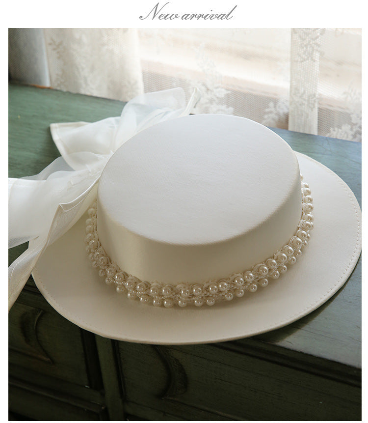 French Elegant Pearl Flat Top Hat Women