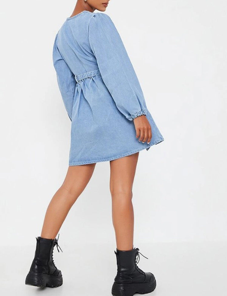 Long-sleeved Cardigan V-neck Denim Midi Dress
