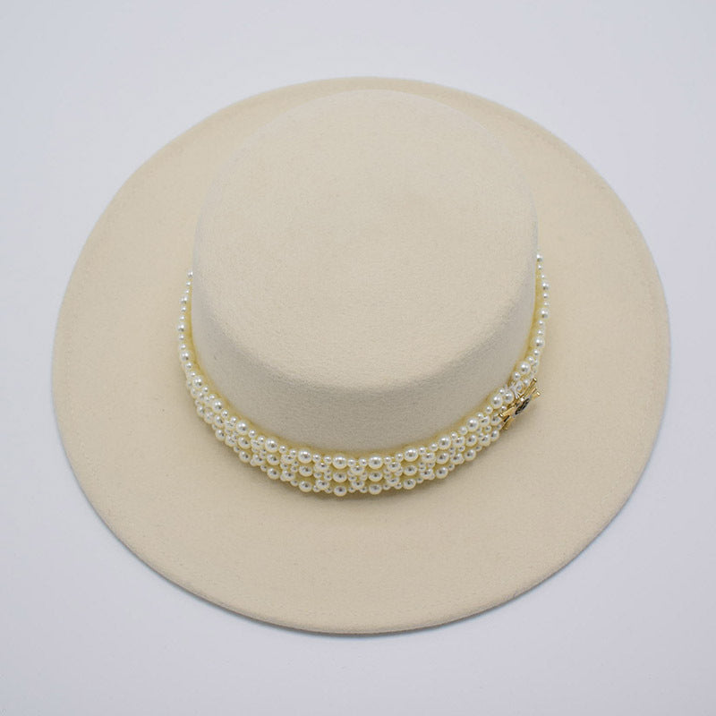 Wide Brim Flat Top Woolen Hat Women's Pearl Chain Felt Cap