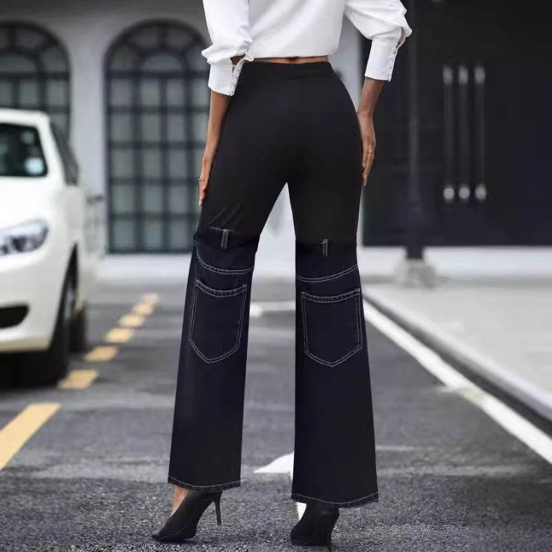 Fashion Slim Knit Denim Stitching Elastic Waist