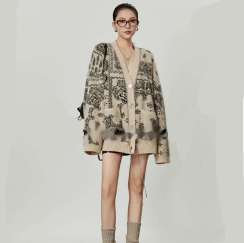 Loose V-neck Jacquard Lazy Sweater Cardigan