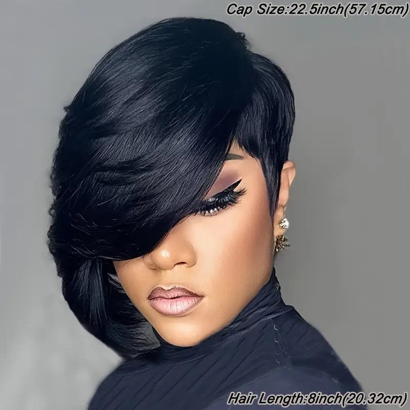 Straight Black Elegant 8 PixieCut Wig For Women -Glueless Human Hairwith Long Bangs, Everyday Style Wig L SleekShort Wig   Wig Accessories