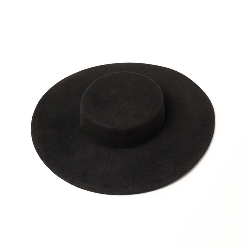 Retro Light Flat Top Big Brim Woolen Bowler Hat