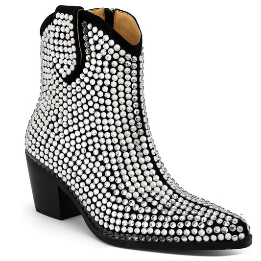 New Pointed High Heel Chunky Heel Rhinestone Side Zipper Fashion Short Boots