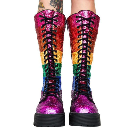 Sequins Color Matching Straps Martin Boots Trifle Platform Contrast Color