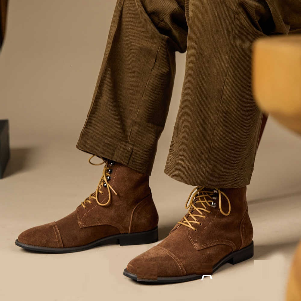 Handmade High-top Retro Men's Suede Genuine Leather Elevator Shoes