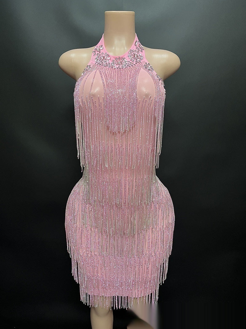 Heavy Industry Diamond Decorations Chain Sexy Backless Vacation Style Dress