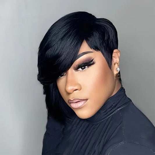 Straight Black Elegant 8 PixieCut Wig For Women -Glueless Human Hairwith Long Bangs, Everyday Style Wig L SleekShort Wig   Wig Accessories