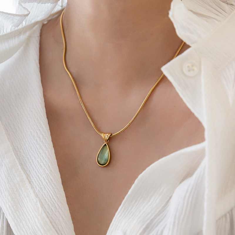 Green Blue Water Drop Pendant Vintage Olive Necklace For Women