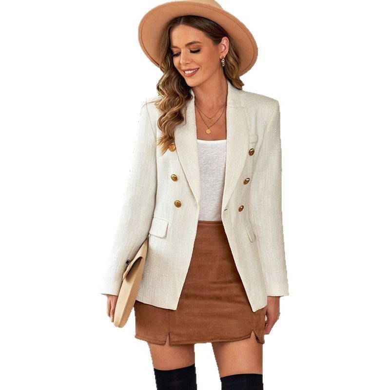 Women's Solid Color Slim-fit Suit With Metal Breasted